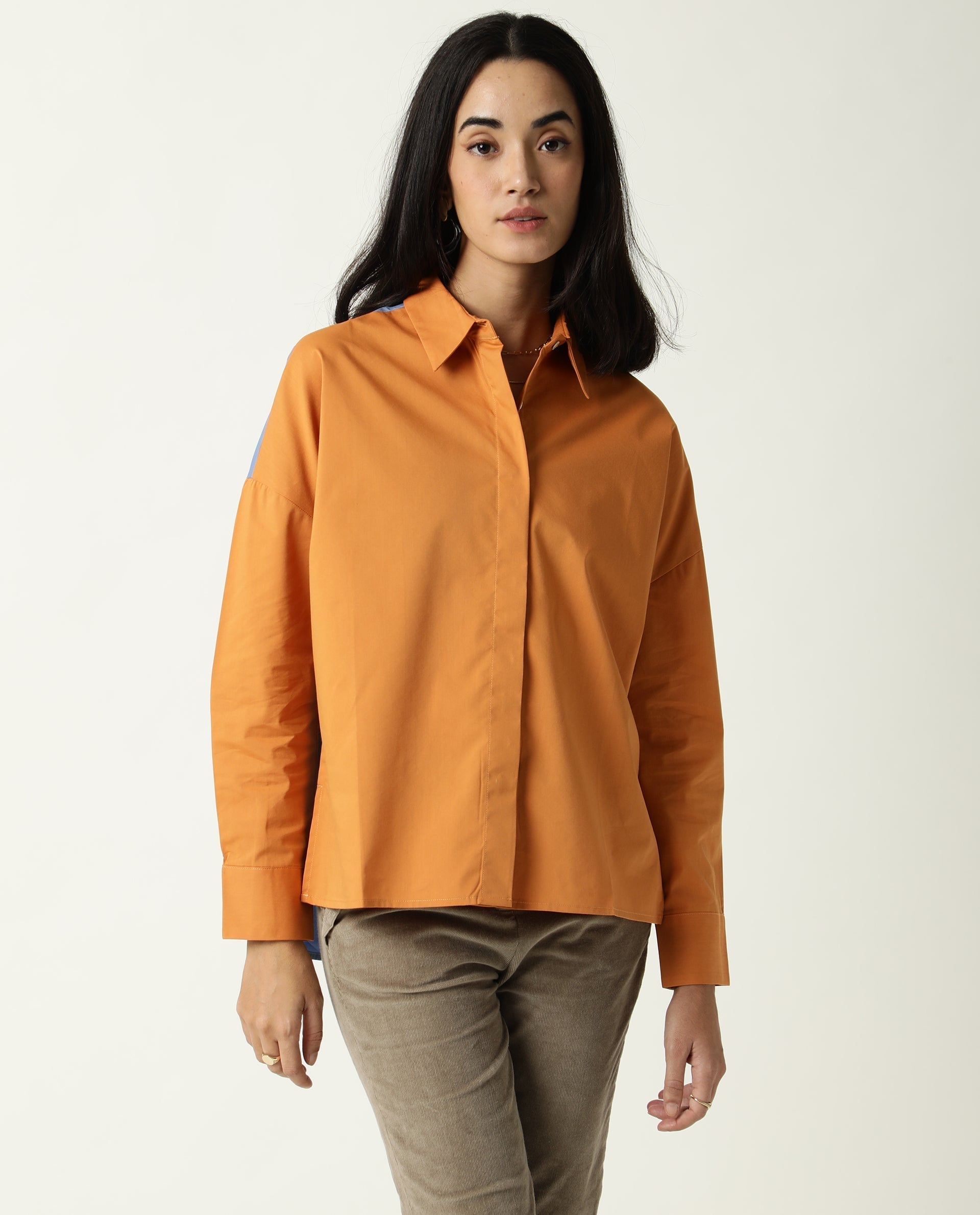 Rareism Women's Nellore Orange Spread Collar Plain Knee Length Regular Fit Top