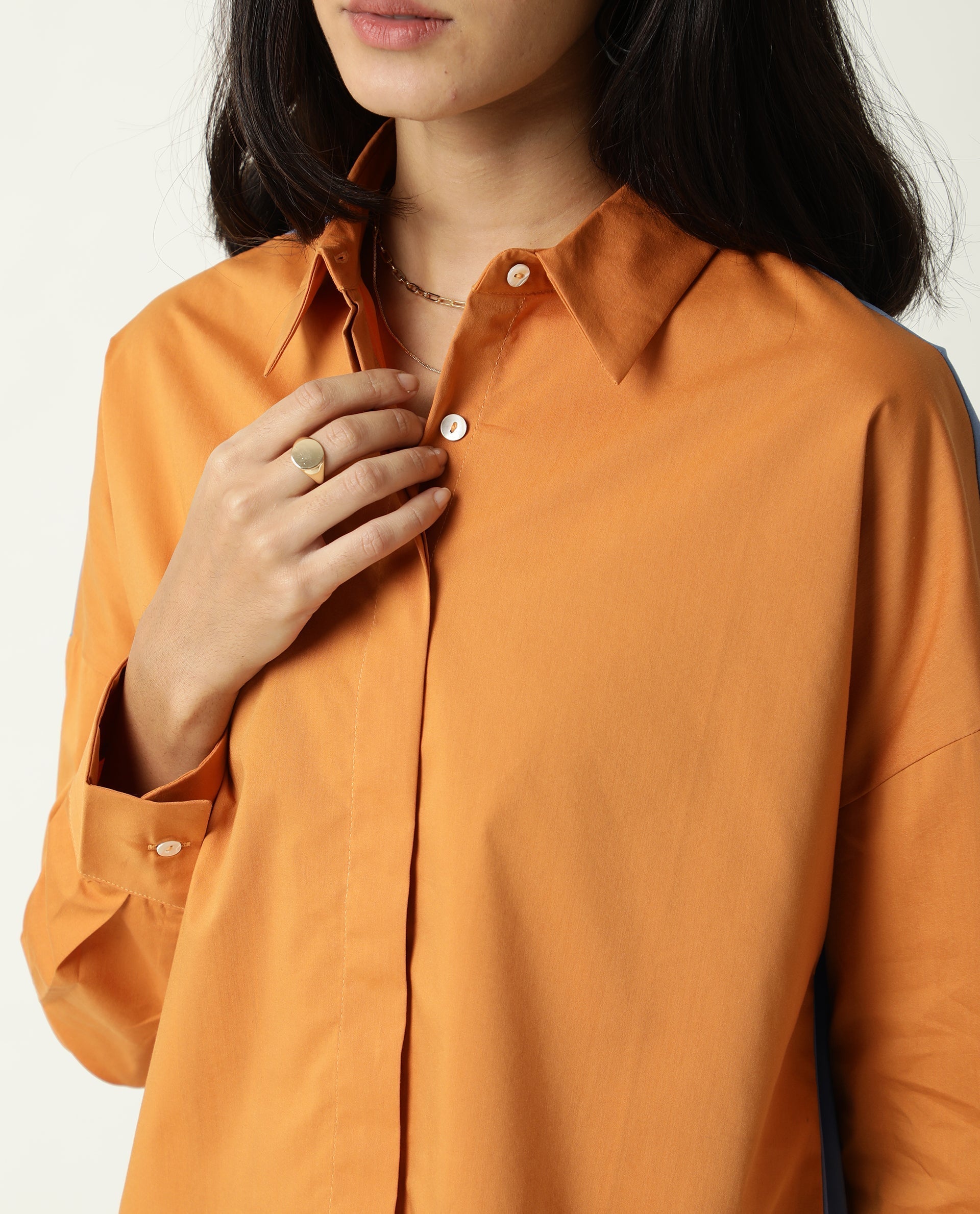 Rareism Women's Nellore Orange Spread Collar Plain Knee Length Regular Fit Top