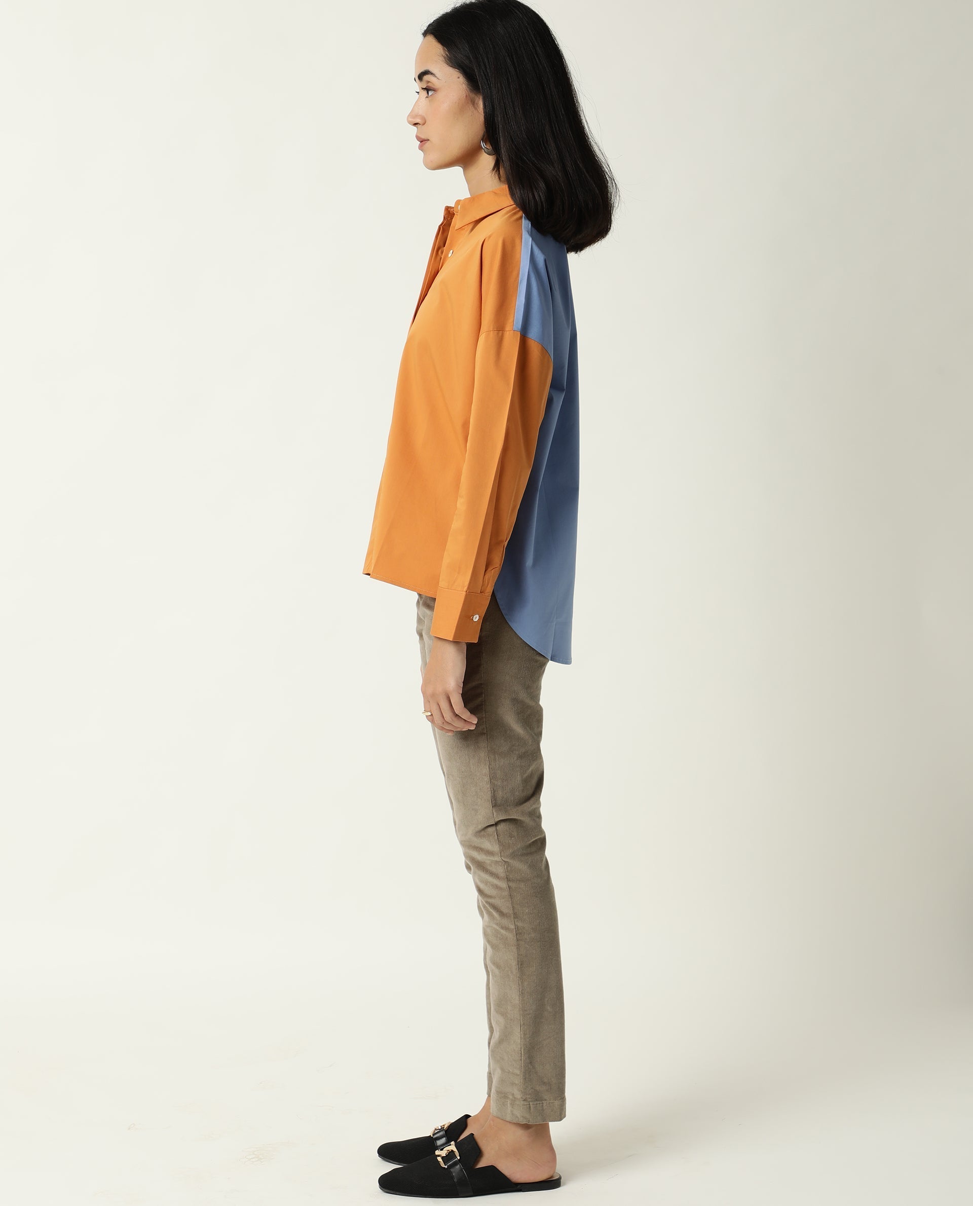 Rareism Women's Nellore Orange Spread Collar Plain Knee Length Regular Fit Top