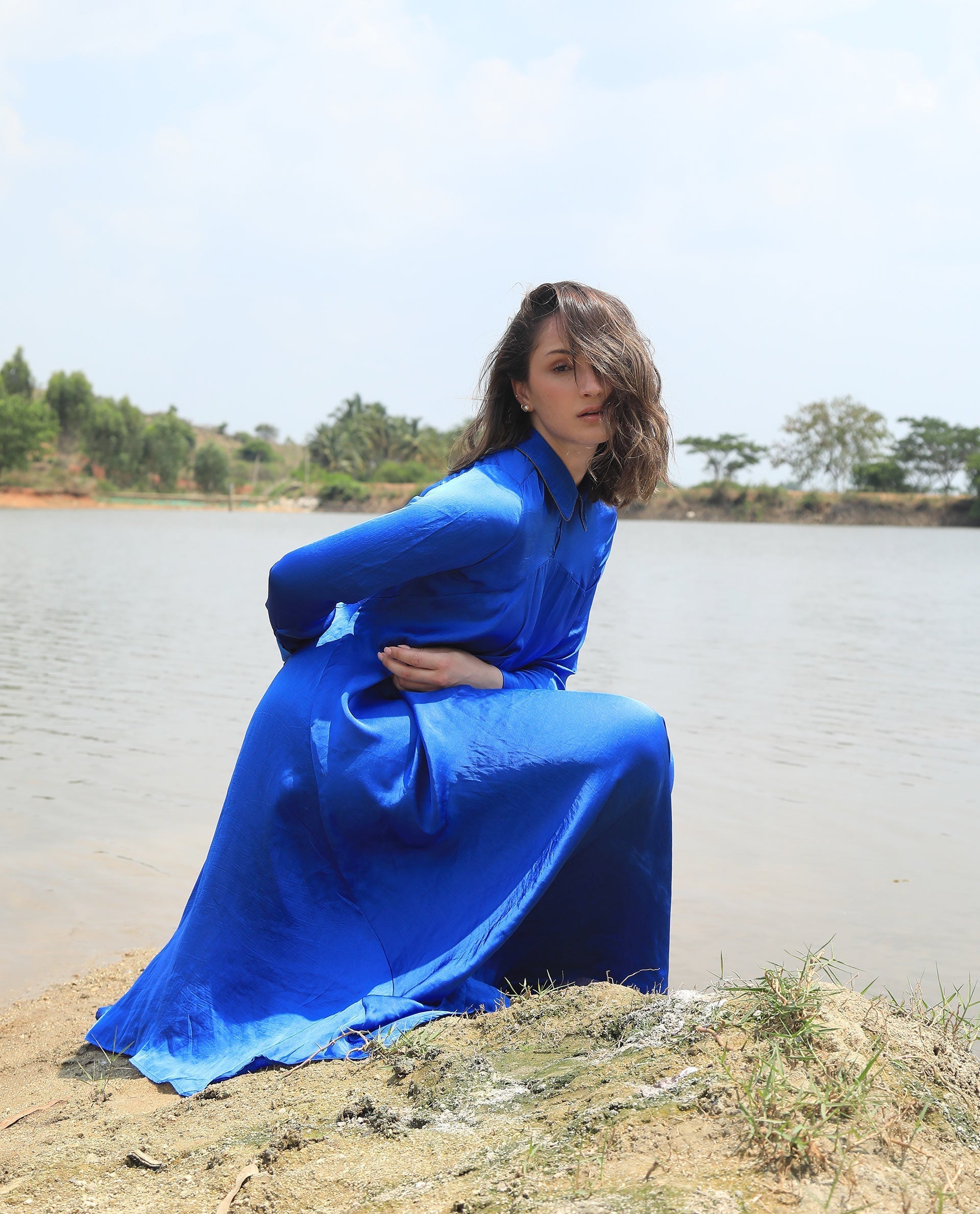 Rareism Women's Galaxyy Blue Modal Spread Collar Plain Maxi Regular Fit Dress