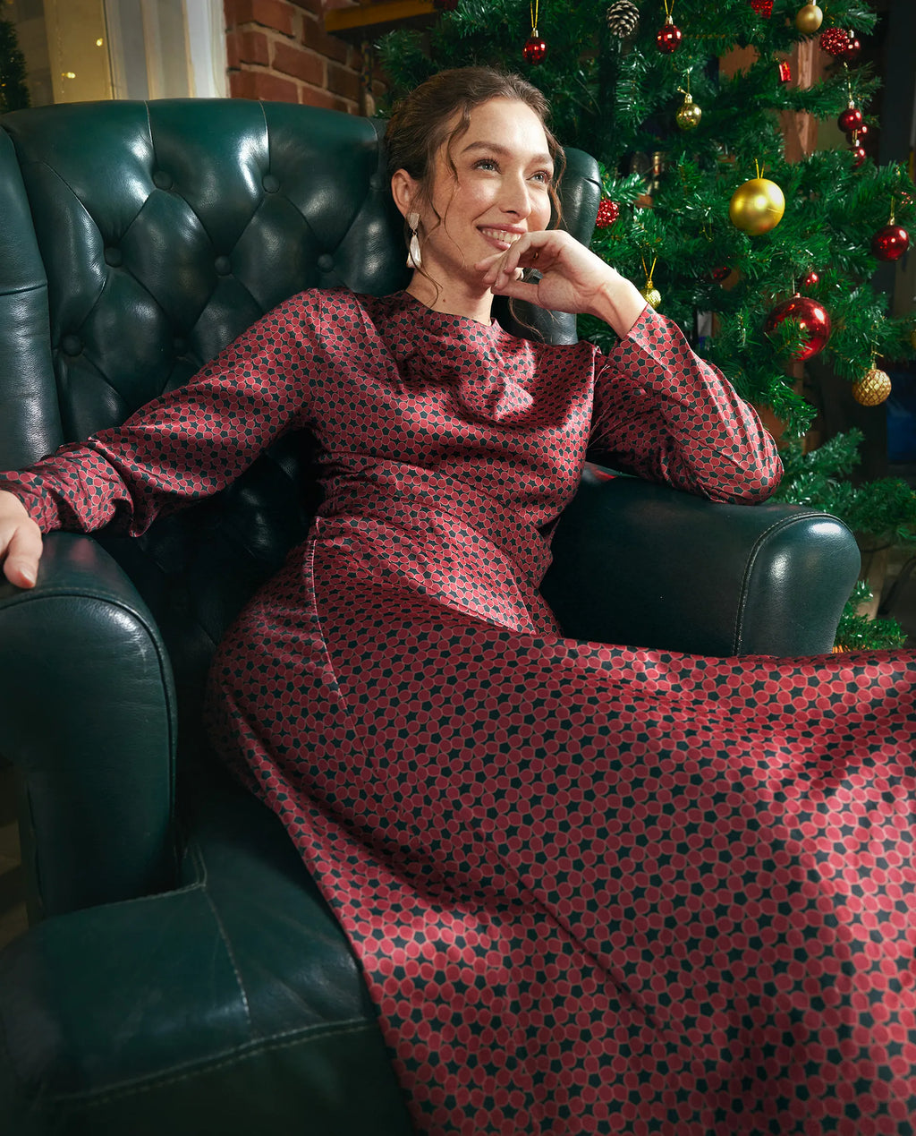 Rareism Women's Jenlio Dark Green Polyester High Neck Fitted Geometric Print Midi Dress