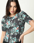 Rareism Women's Flake Grey Boat Neck Floral Print Knee Length Tailored Top