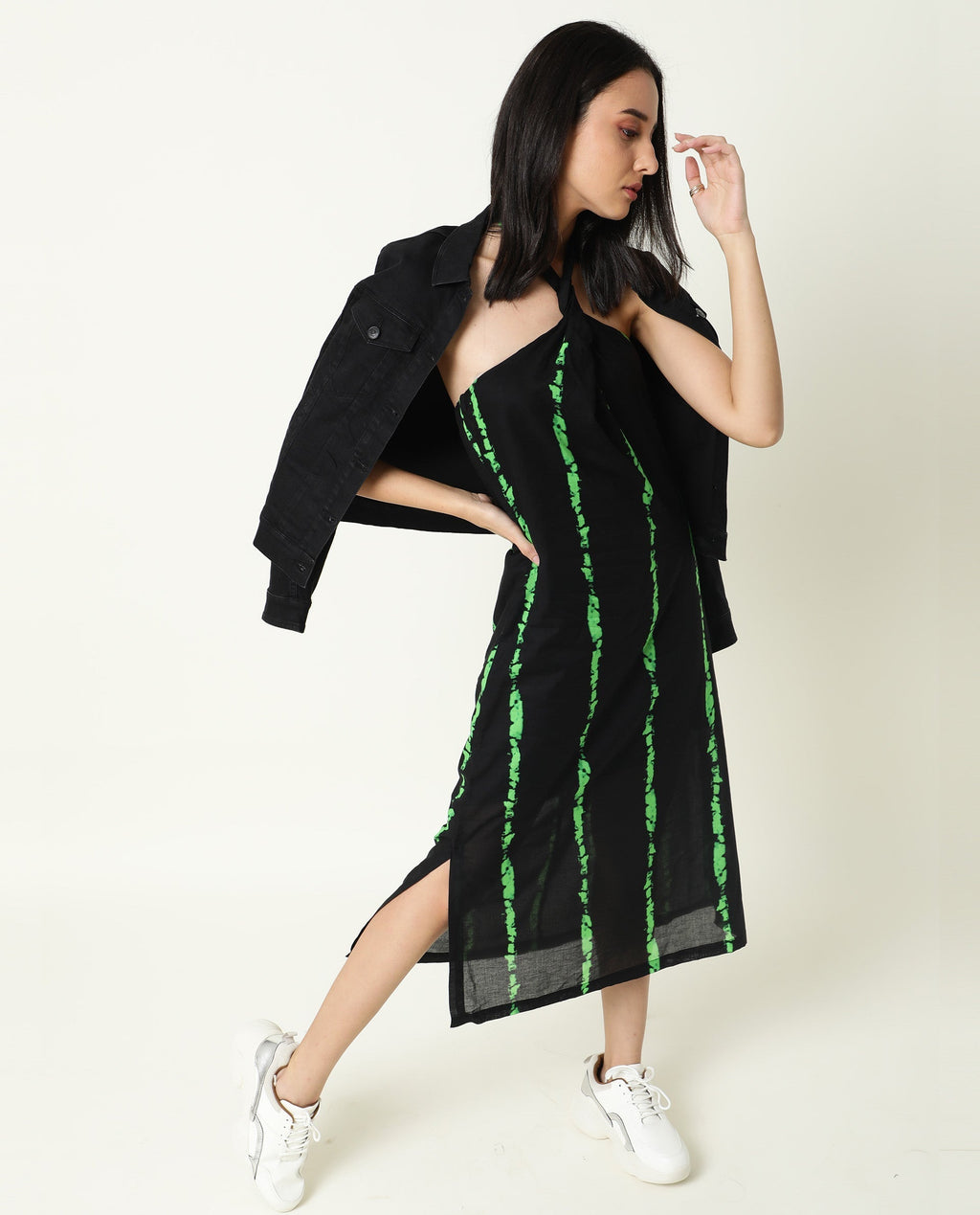 Rareism Women's Heron Black Cotton Halter Neck Abstract Print Sleeveless Knee Length Regular Fit Dress