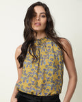 Rareism Women's Elordi Olive Halter Neck Floral Print Sleeveless Knee Length Tailored Top