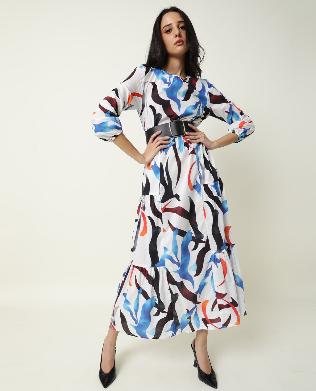 Rareism Women's Europe White Boat Neck Abstract Print Maxi Regular Fit Dress