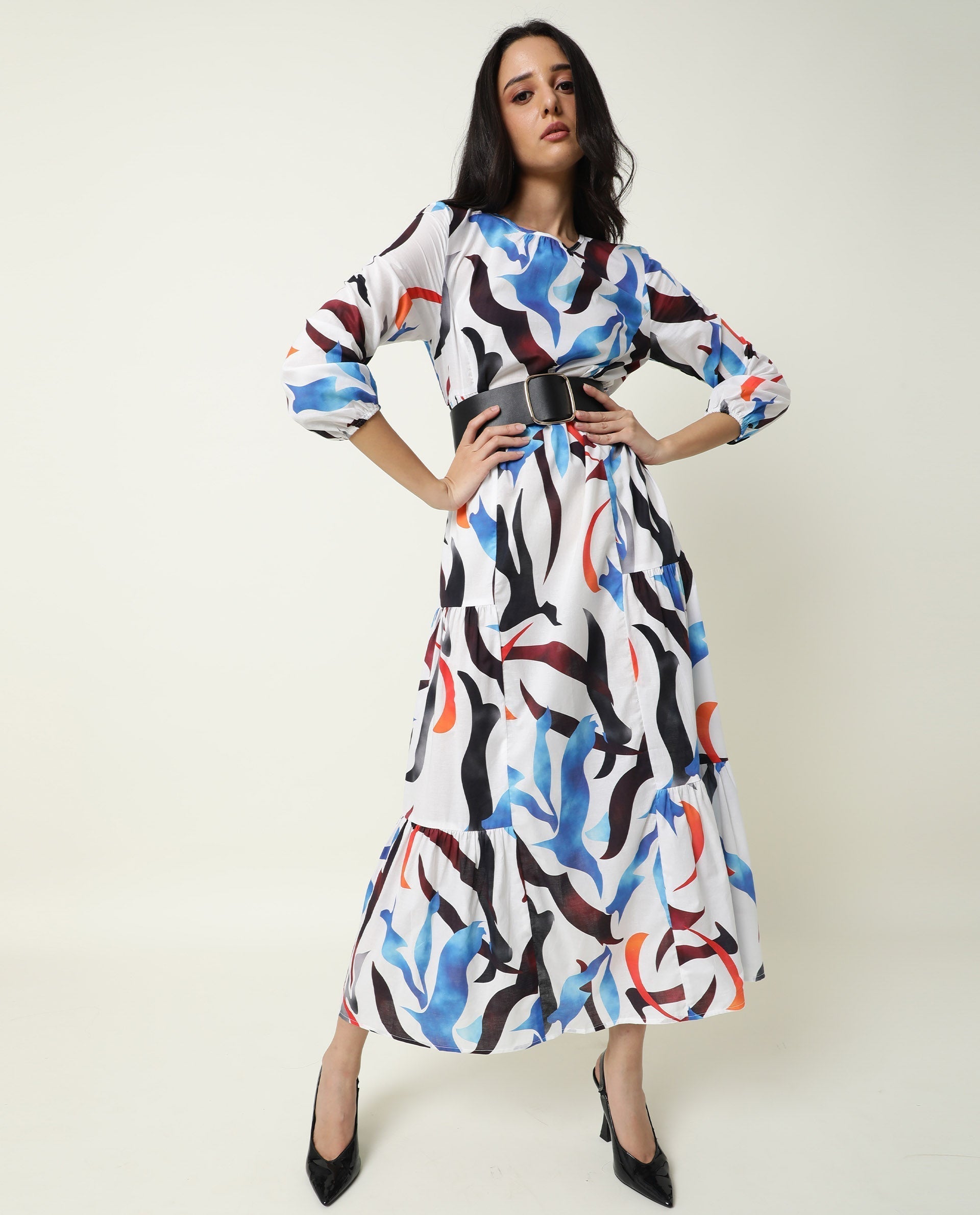Rareism Women's Europe White Boat Neck Abstract Print Maxi Regular Fit Dress