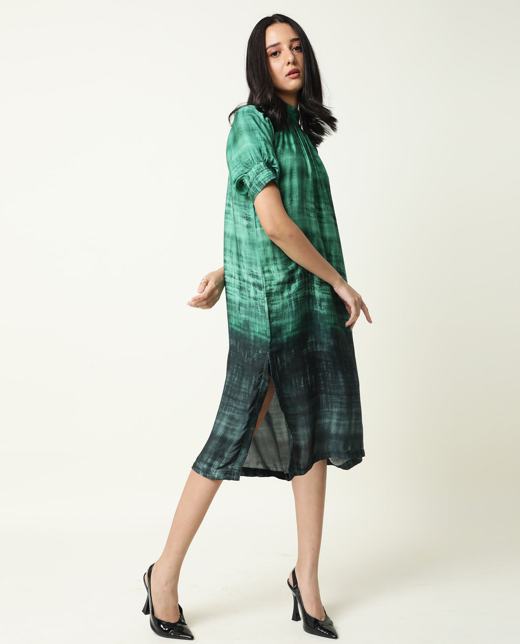 Rareism Women's Split Green Modal Blend High Neck Ombre Puff Sleeves Midi Flared Dress