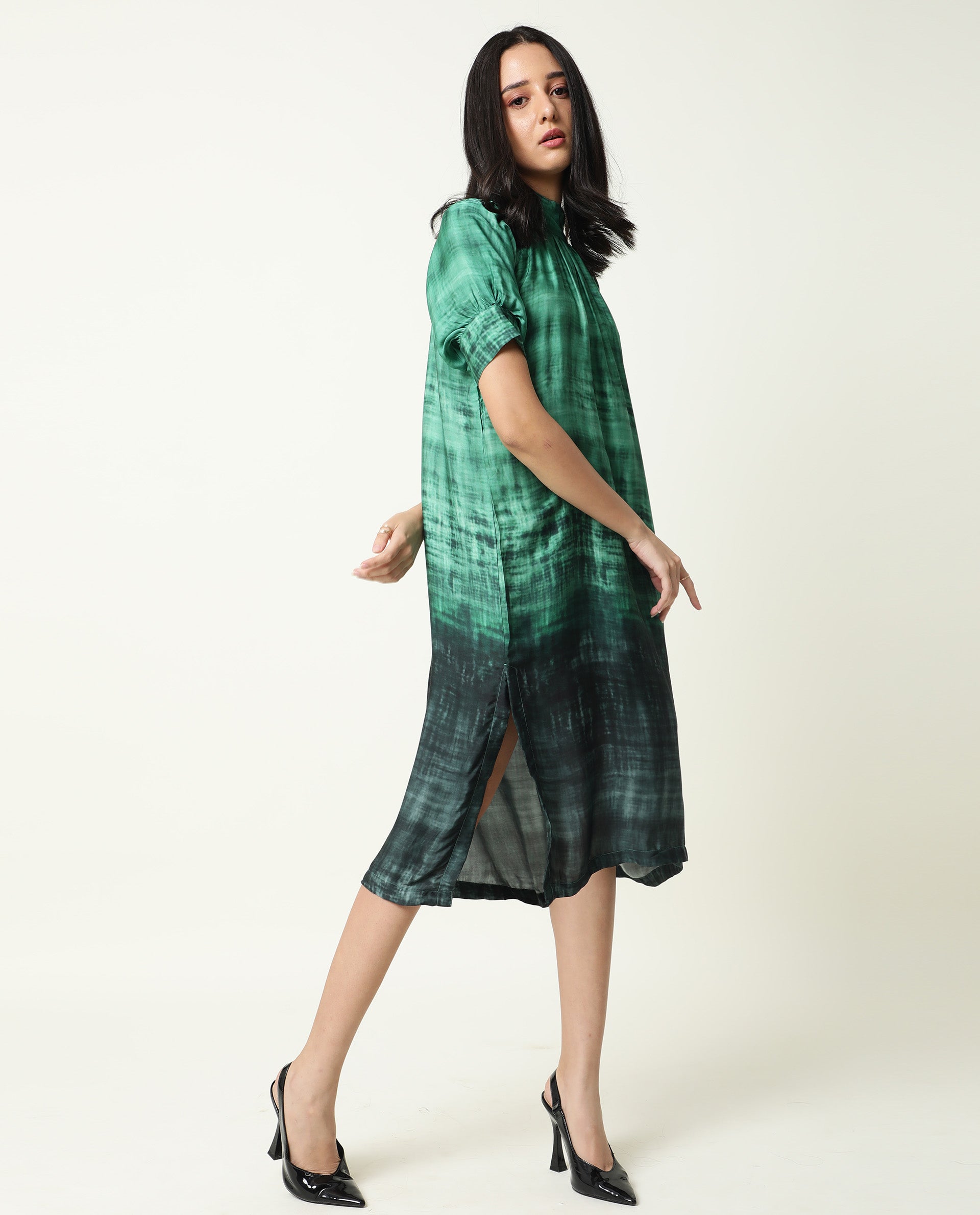 Rareism Women's Split Green Modal Blend High Neck Ombre Puff Sleeves Midi Flared Dress