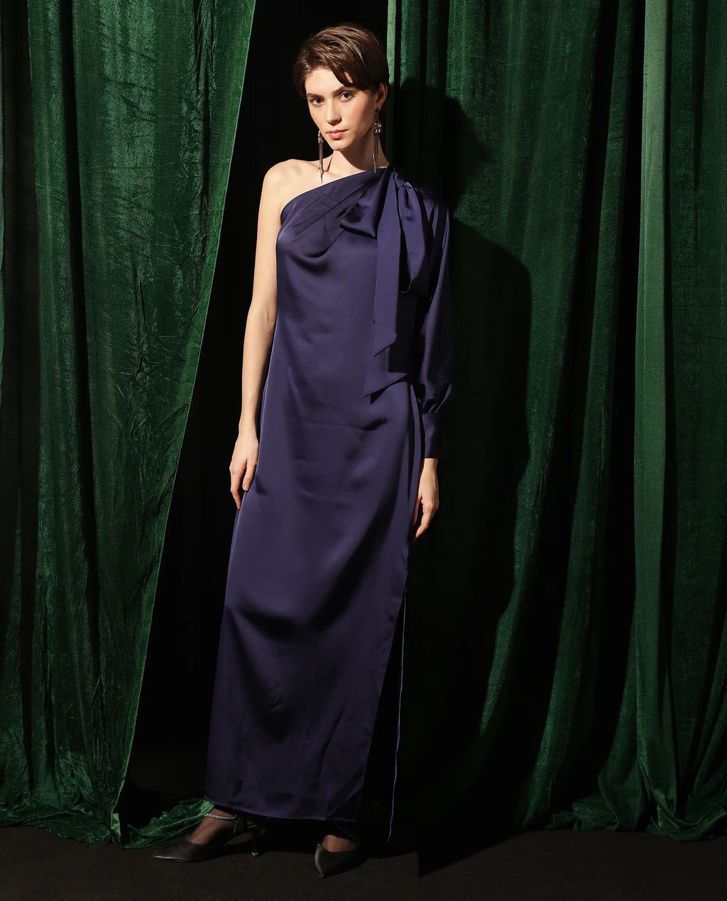 Rareism Women's Ankara Navy Satin One Shoulder Dyed One Shoulder Maxi Straight Fit Dress