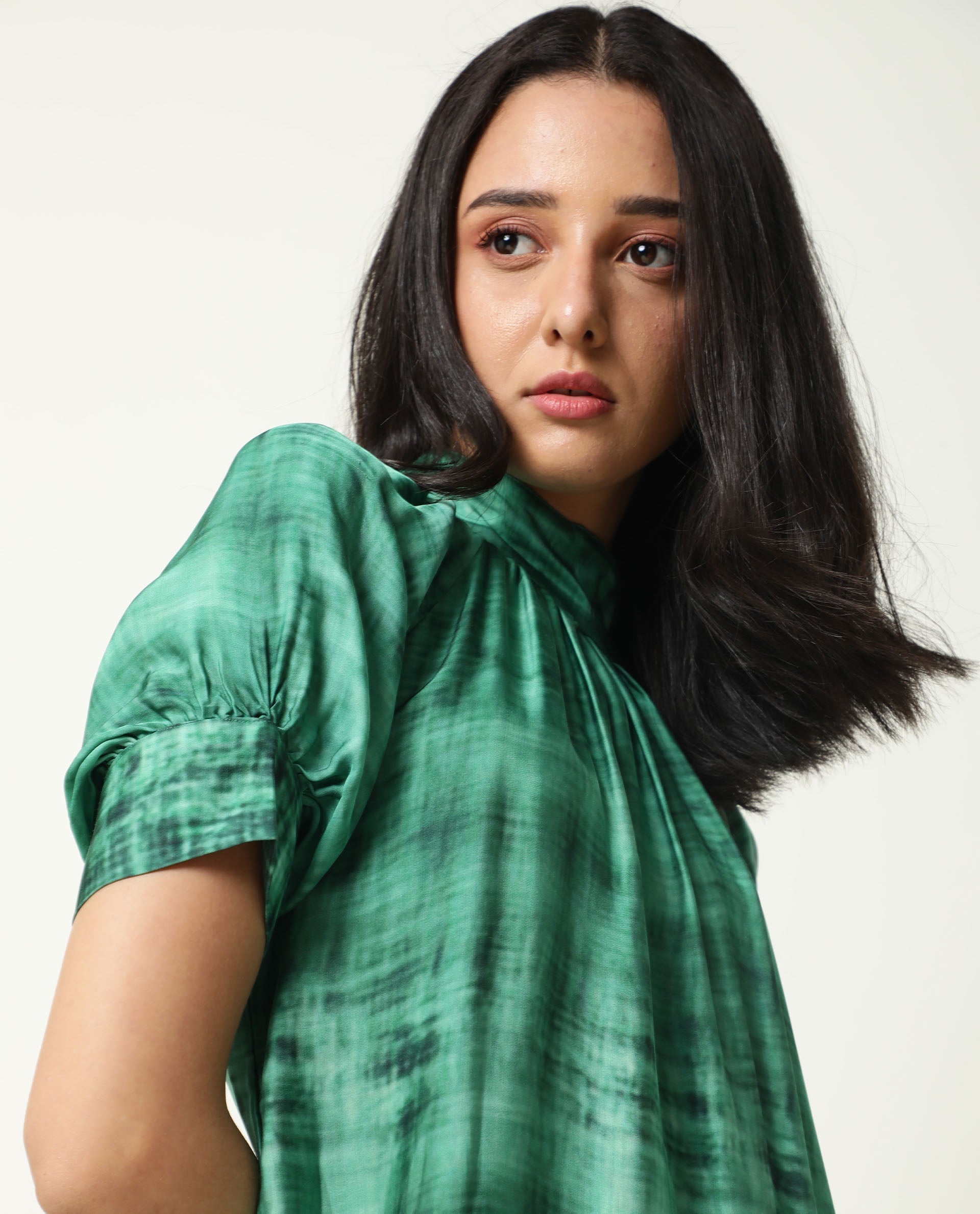 Rareism Women's Split Green Modal Blend High Neck Ombre Puff Sleeves Midi Flared Dress
