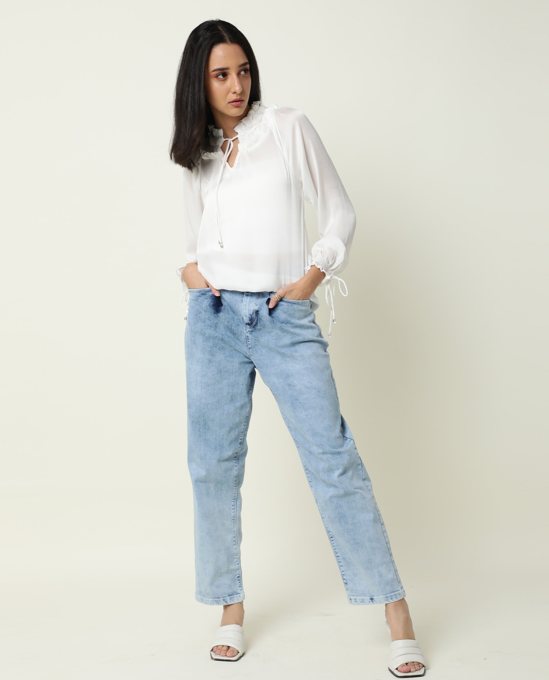 Rareism Women's Tremoe White Tie-Up Neck Plain Knee Length Regular Fit Top