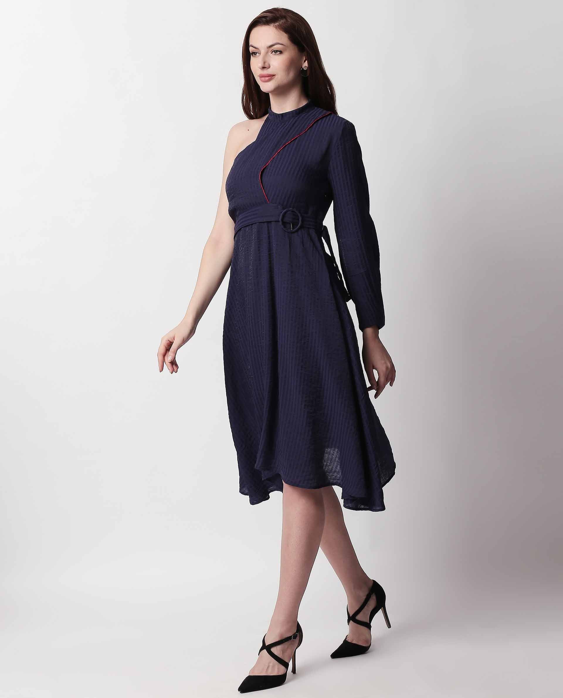 Rareism Women's Carnival Navy Tube Neck Plain Knee Length Regular Fit Dress