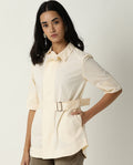 Rareism Women's Cisco Beige Cotton Blend Spread Collar Plain Knee Length Regular Fit Top