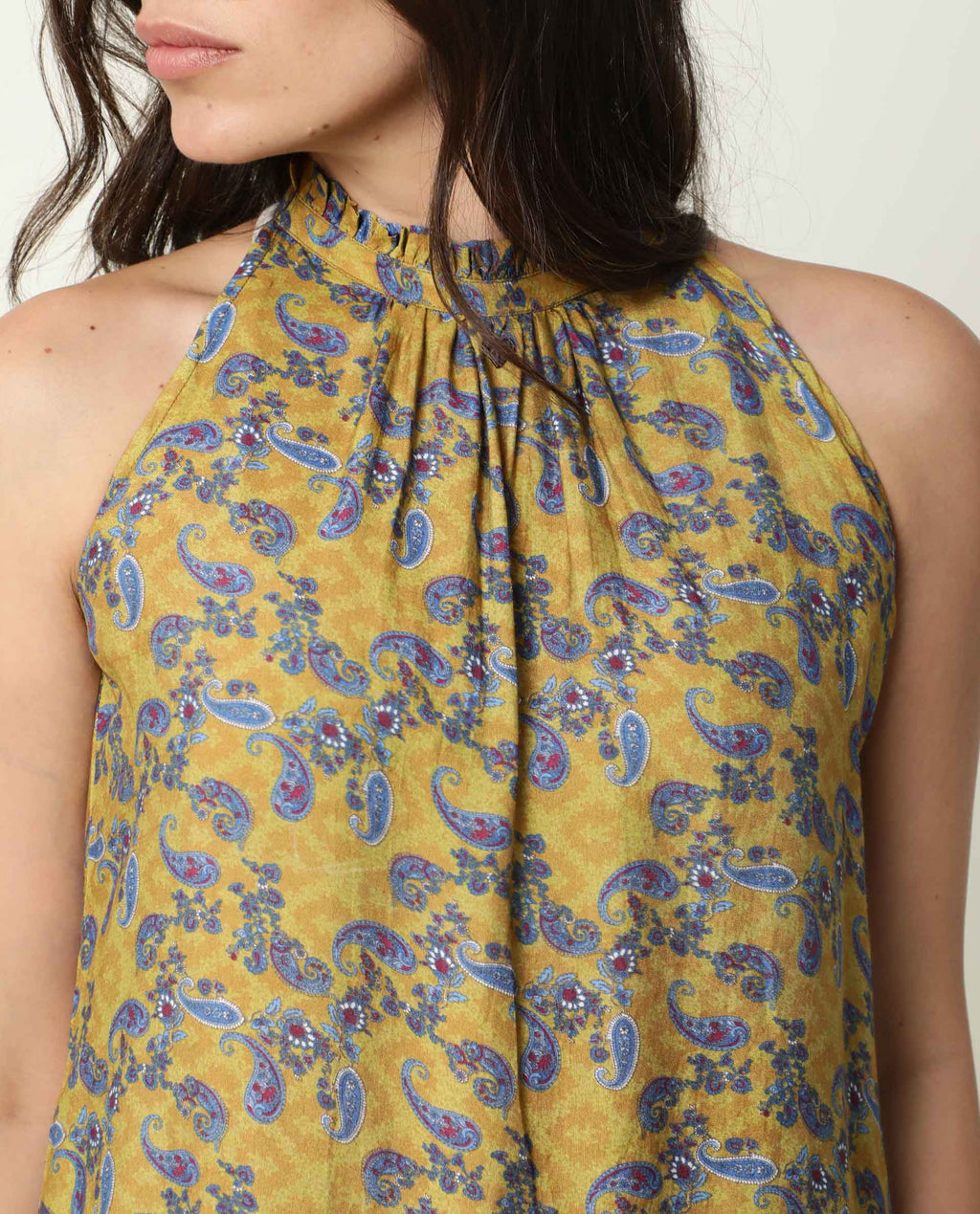 Rareism Women's Elordi Olive Halter Neck Floral Print Sleeveless Knee Length Tailored Top