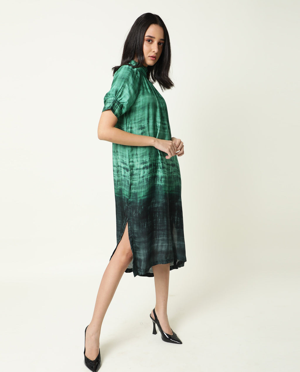 Rareism Women's Split Green Modal Blend High Neck Ombre Puff Sleeves Midi Flared Dress