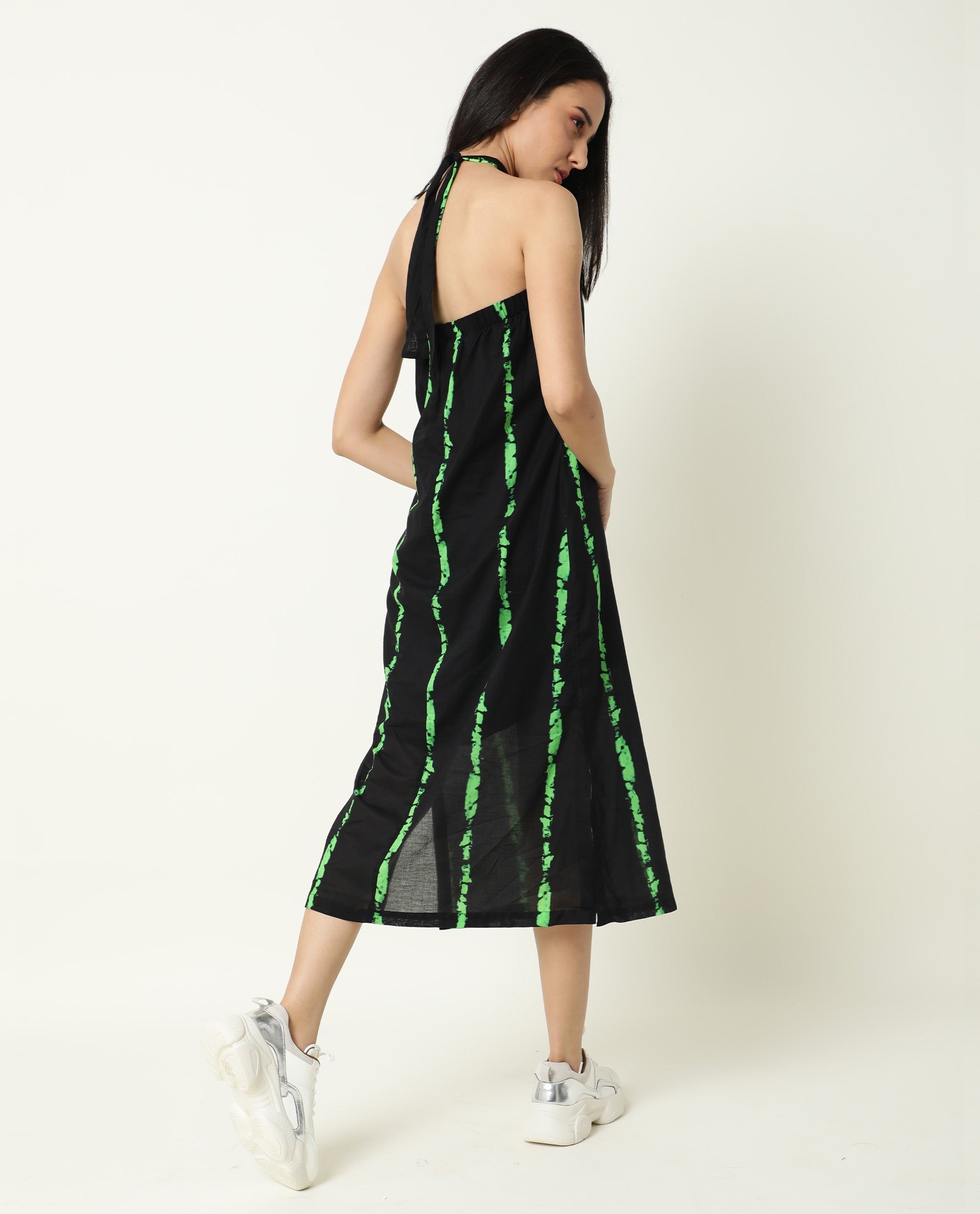 Rareism Women's Heron Black Cotton Halter Neck Abstract Print Sleeveless Knee Length Regular Fit Dress
