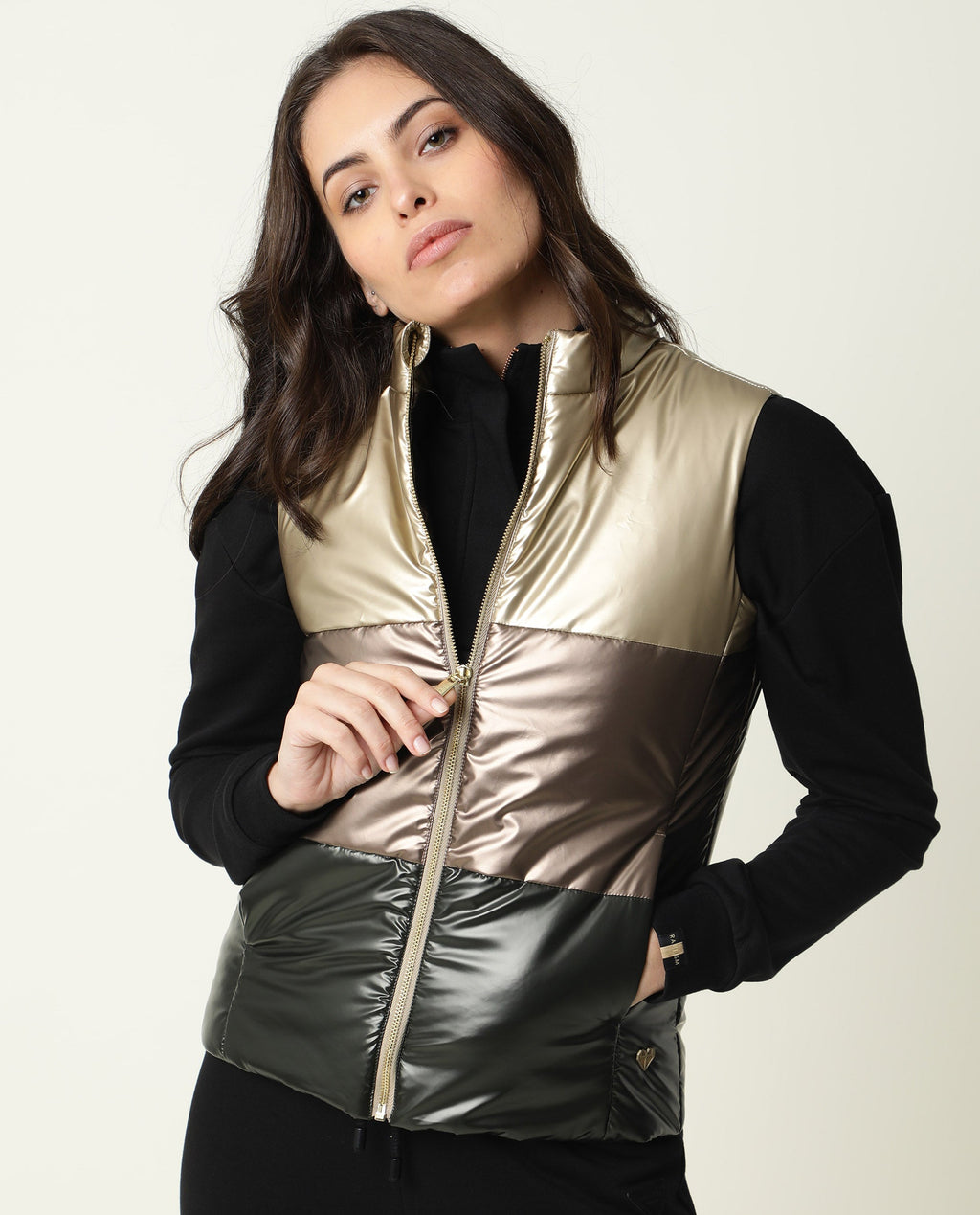 Rareism Women's Sophia Gold Polyester High Neck Color Block Sleeveless Regular Fit Jacket
