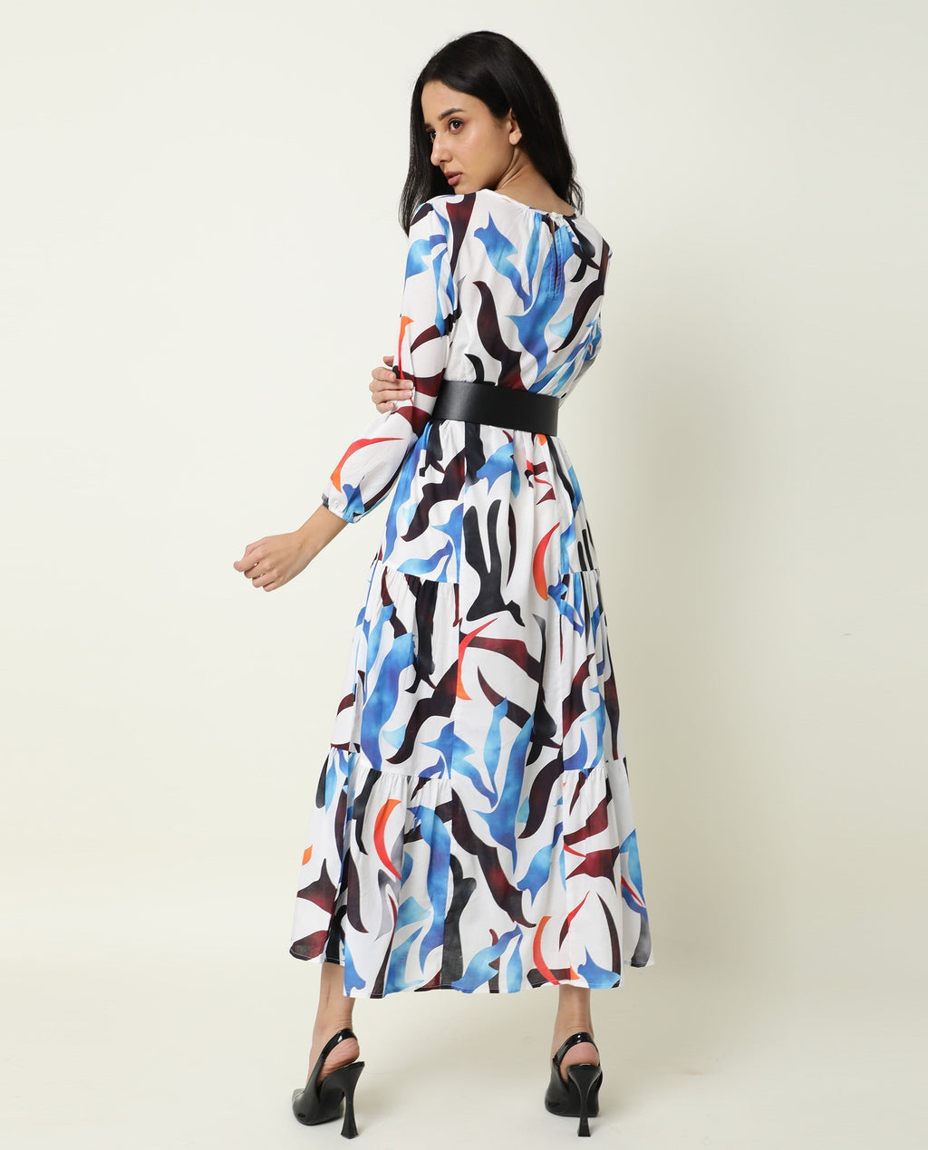 Rareism Women's Europe White Boat Neck Abstract Print Maxi Regular Fit Dress