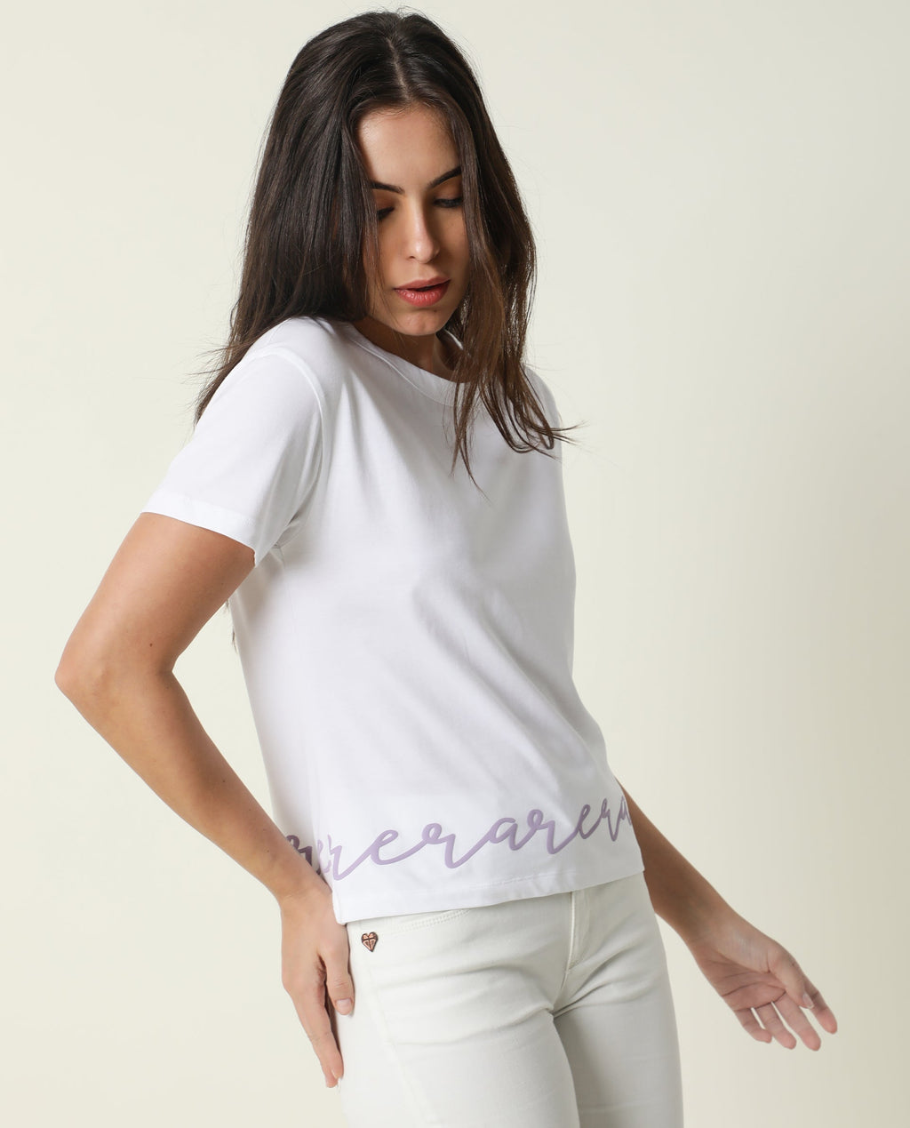 Rareism Women's Ruthi White Cotton Crew Neck Graphic Print Regular Fit T-Shirt
