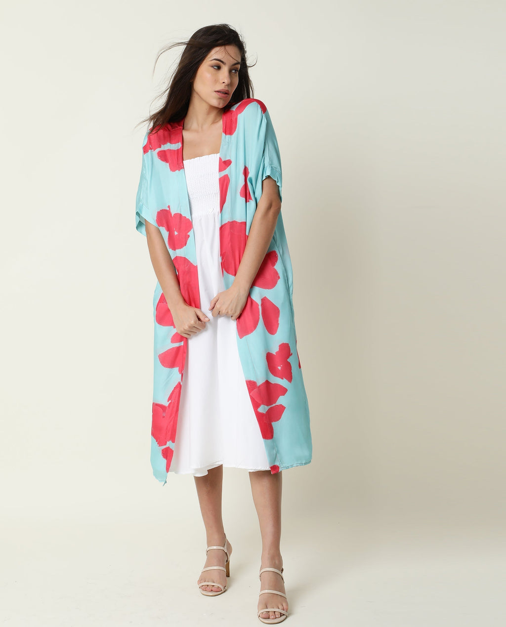 Rareism Women's Petunia Navy Collarless Floral Print Knee Length Relaxed Fit Shrug