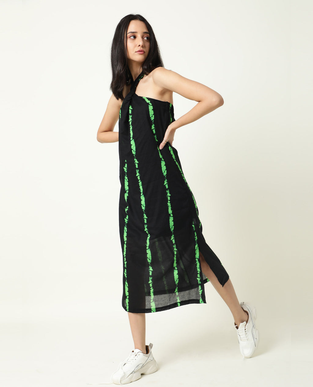 Rareism Women's Heron Black Cotton Halter Neck Abstract Print Sleeveless Knee Length Regular Fit Dress