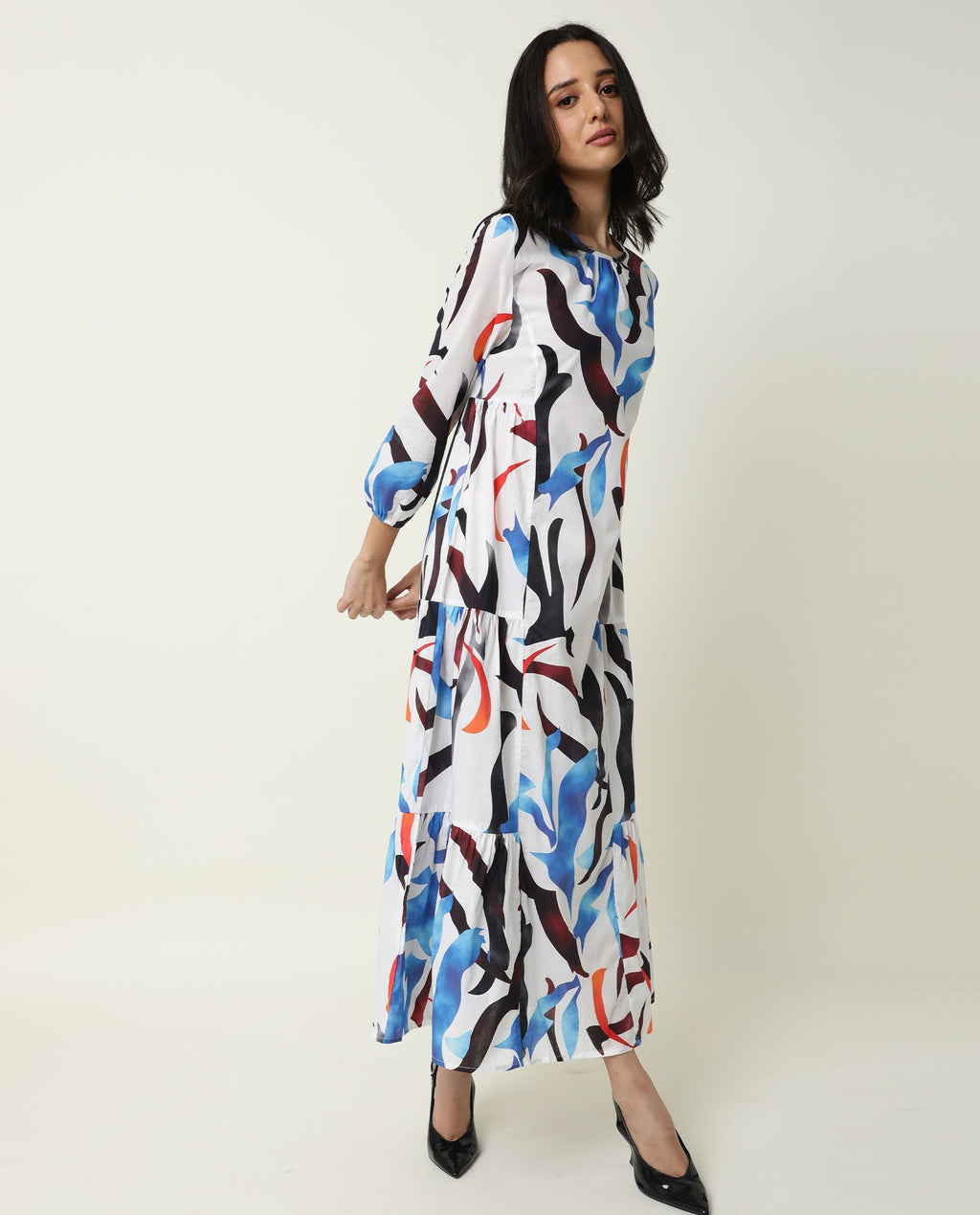 Rareism Women's Europe White Boat Neck Abstract Print Maxi Regular Fit Dress