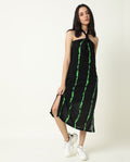 Rareism Women's Heron Black Cotton Halter Neck Abstract Print Sleeveless Knee Length Regular Fit Dress