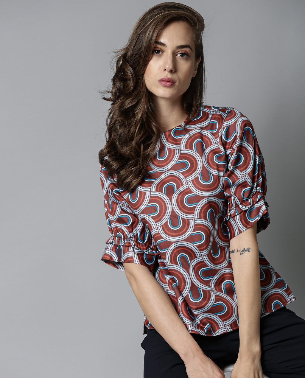 Rareism Women's Jimmi Brown Cotton Crew Neck Geometric Print Regular Fit Top