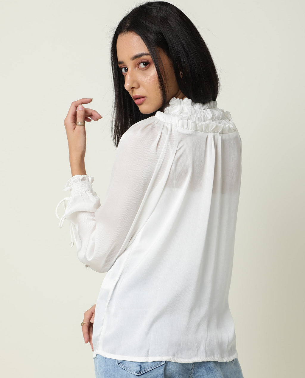 Rareism Women's Tremoe White Tie-Up Neck Plain Knee Length Regular Fit Top