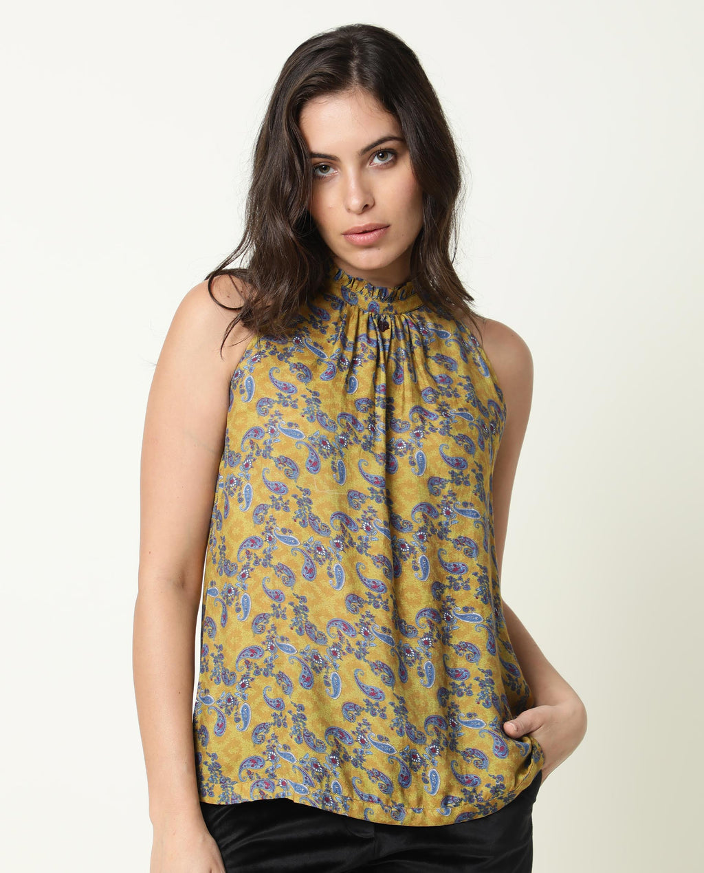Rareism Women's Elordi Olive Halter Neck Floral Print Sleeveless Knee Length Tailored Top