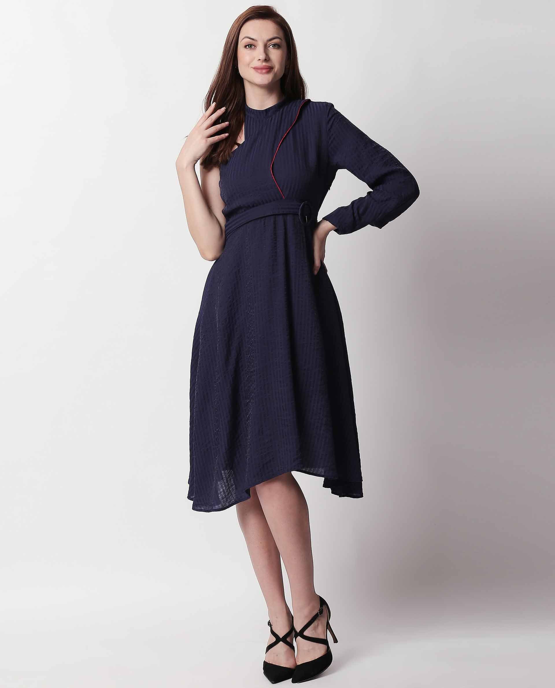 Rareism Women's Carnival Navy Tube Neck Plain Knee Length Regular Fit Dress