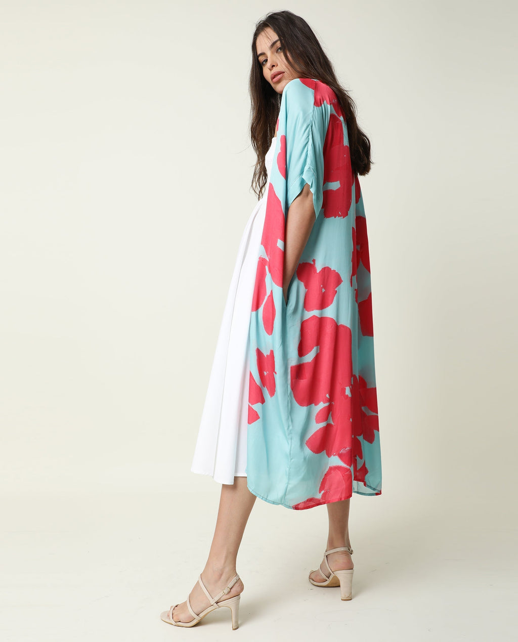 Rareism Women's Petunia Navy Collarless Floral Print Knee Length Relaxed Fit Shrug