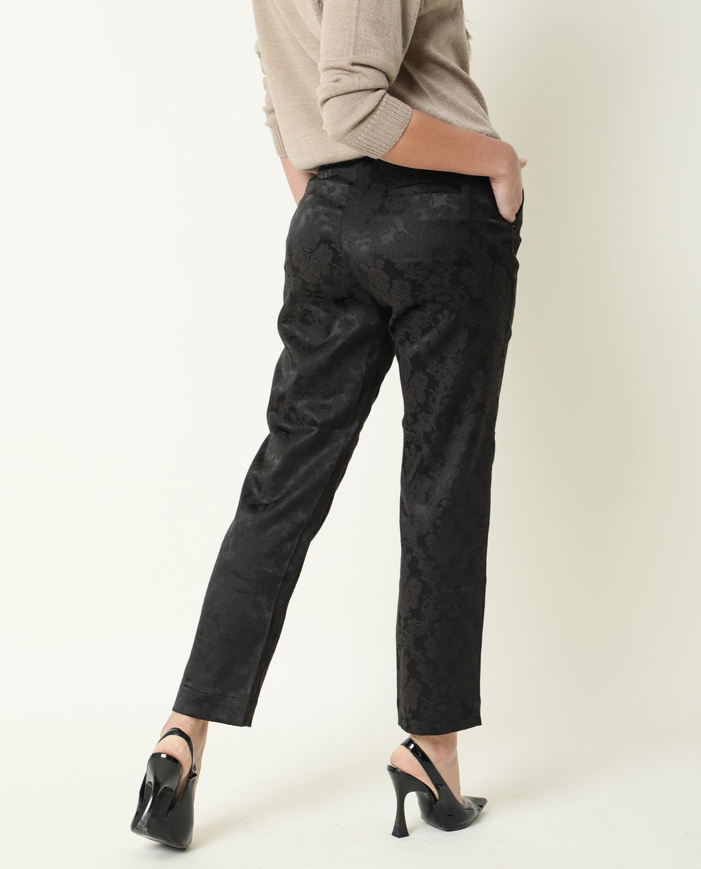 Rareism Women's Nestea Black Velvet Floral Print Ankle Length Tailored Trouser