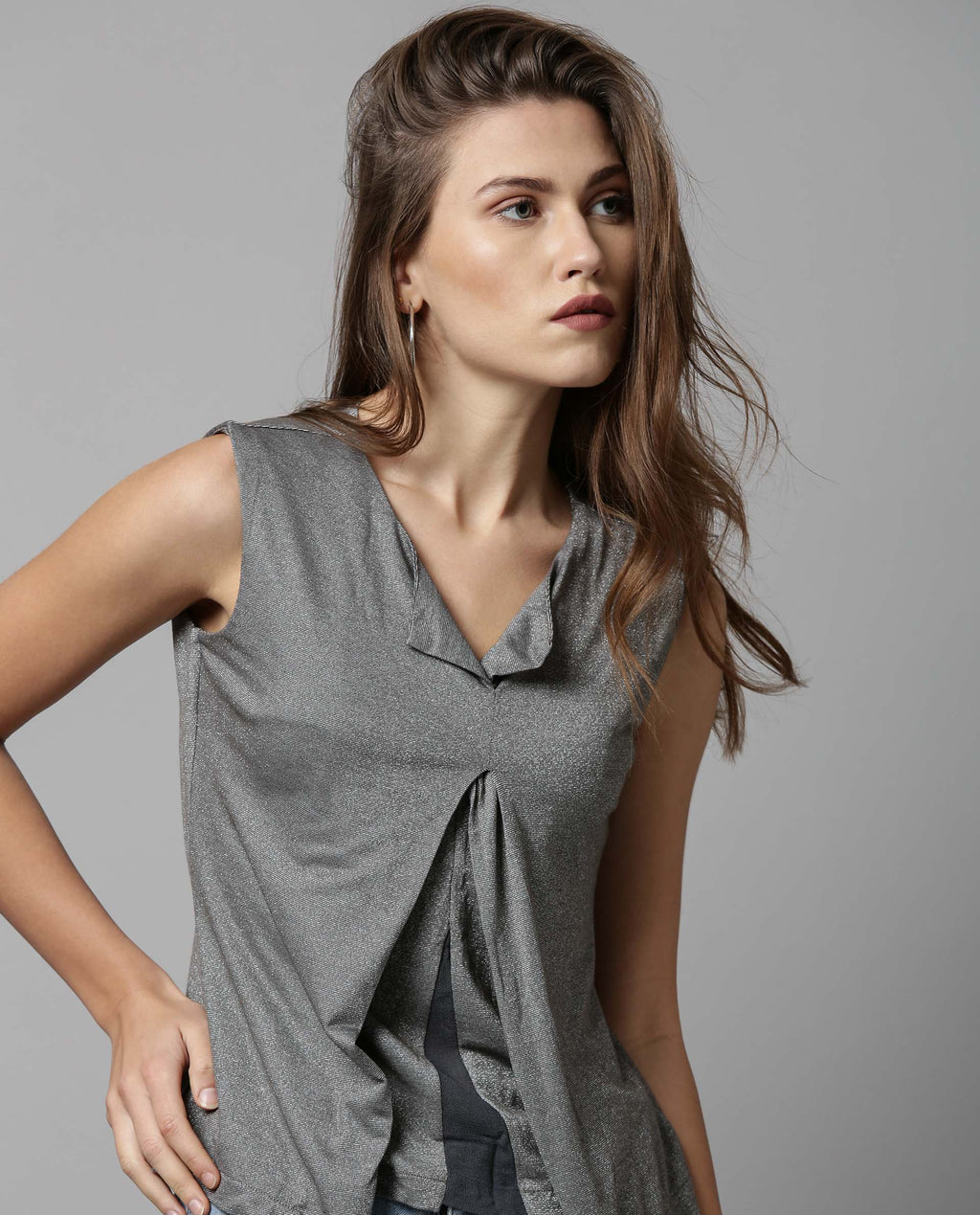Rareism Womens Comet Grey Top Poly Rayon Blend Fabric Sleeveless Regular Fit Round Neck