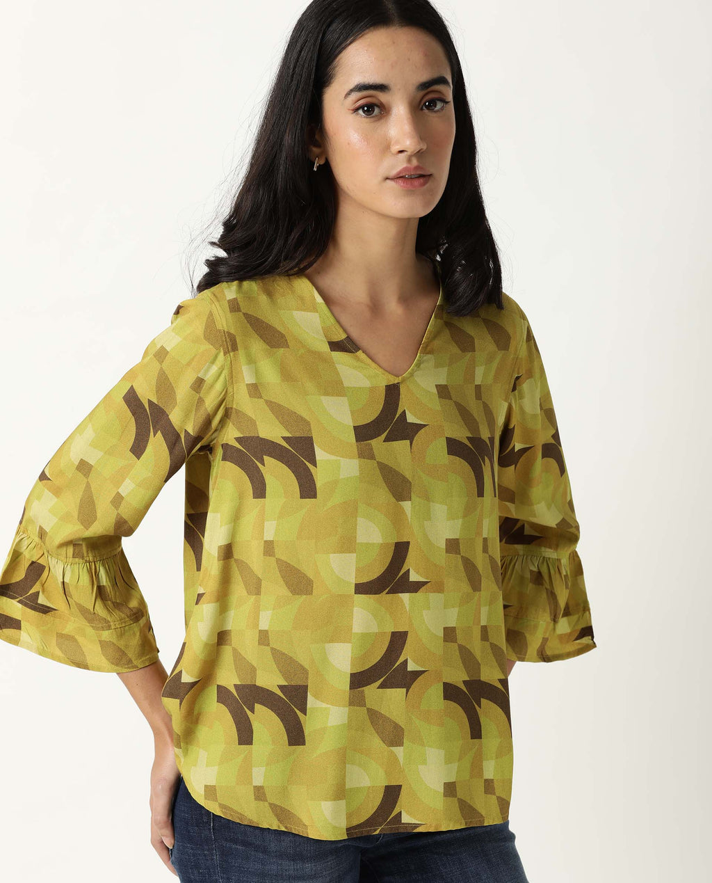 Rareism Womens Flex Green Top Regular Fit Balloon Sleeve V Neck
