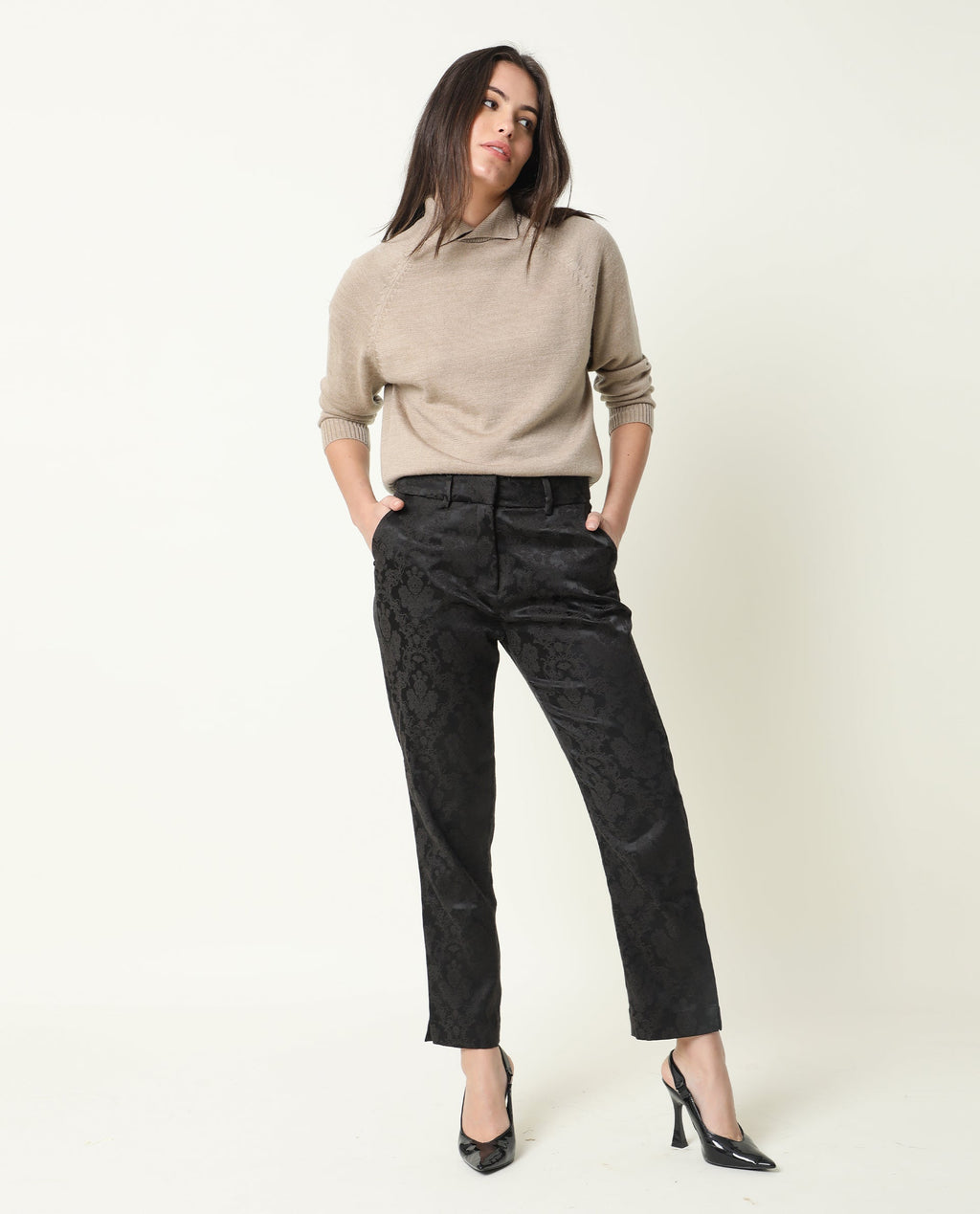 Rareism Women's Nestea Black Velvet Floral Print Ankle Length Tailored Trouser