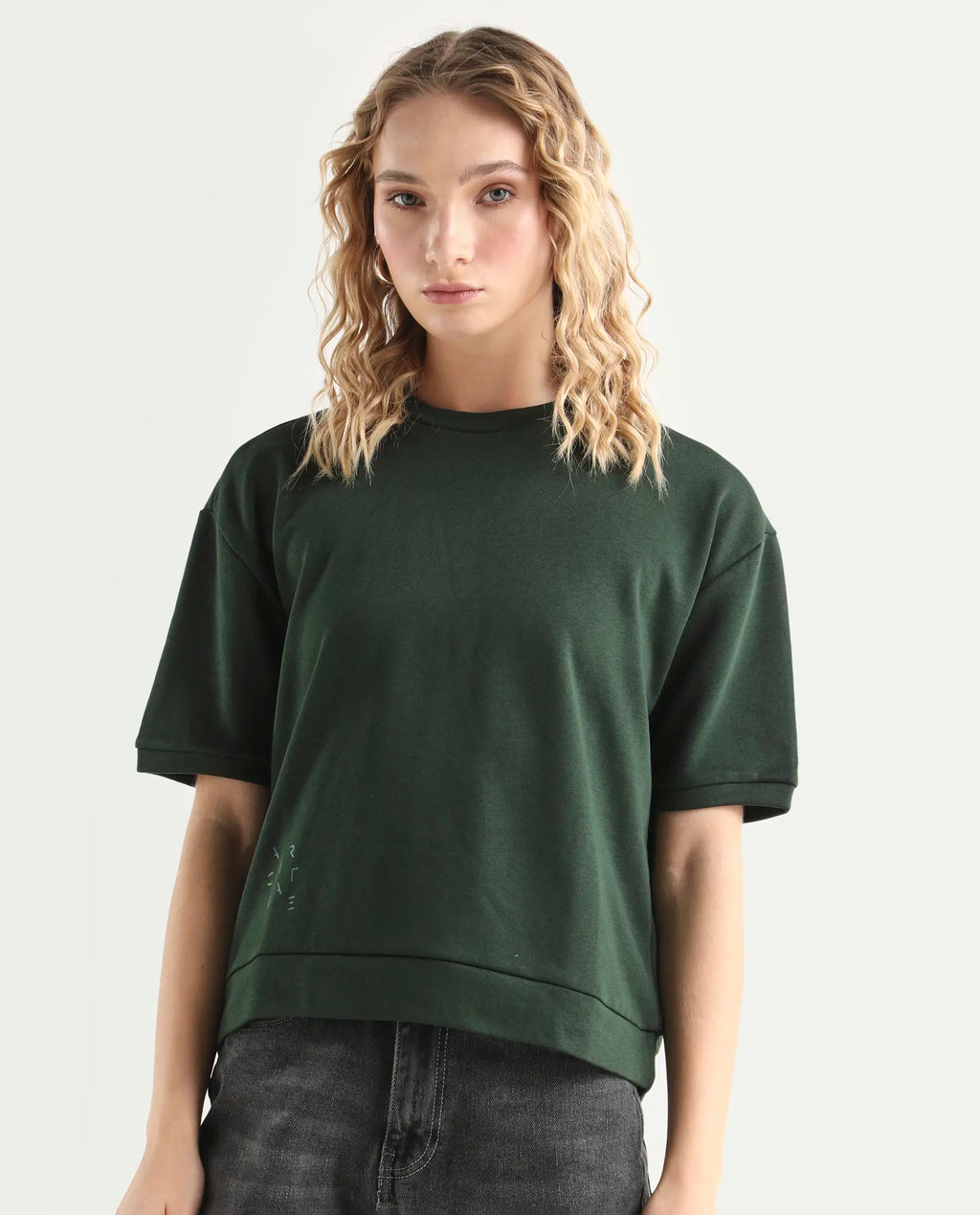 Rareism Women's Medium Weight Terry 290 Gsm Cotton Crew Neck Plain Relaxed Fit Sweat Tee