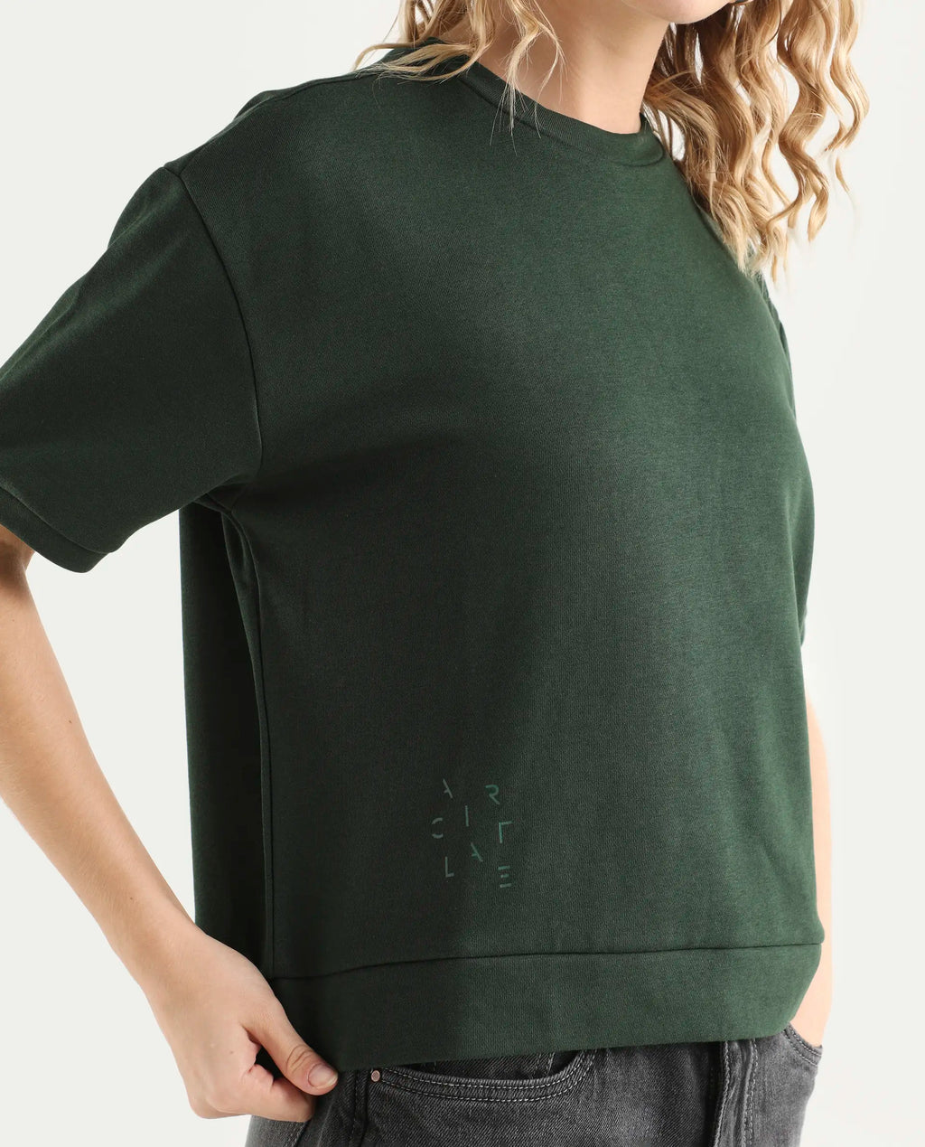 Rareism Women's Medium Weight Terry 290 Gsm Cotton Crew Neck Plain Relaxed Fit Sweat Tee