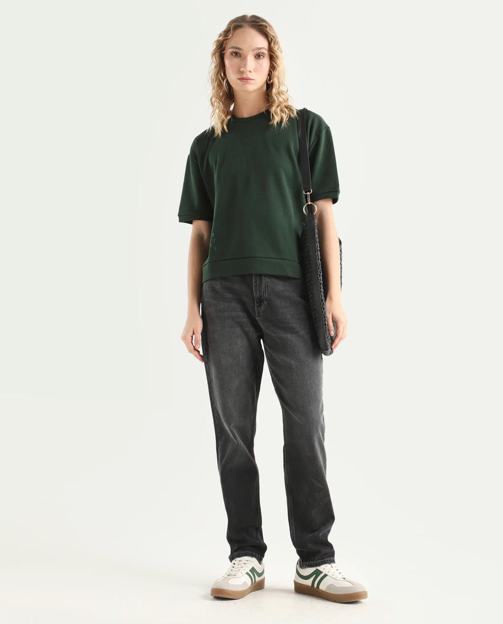 Rareism Women's Medium Weight Terry 290 Gsm Cotton Crew Neck Plain Relaxed Fit Sweat Tee