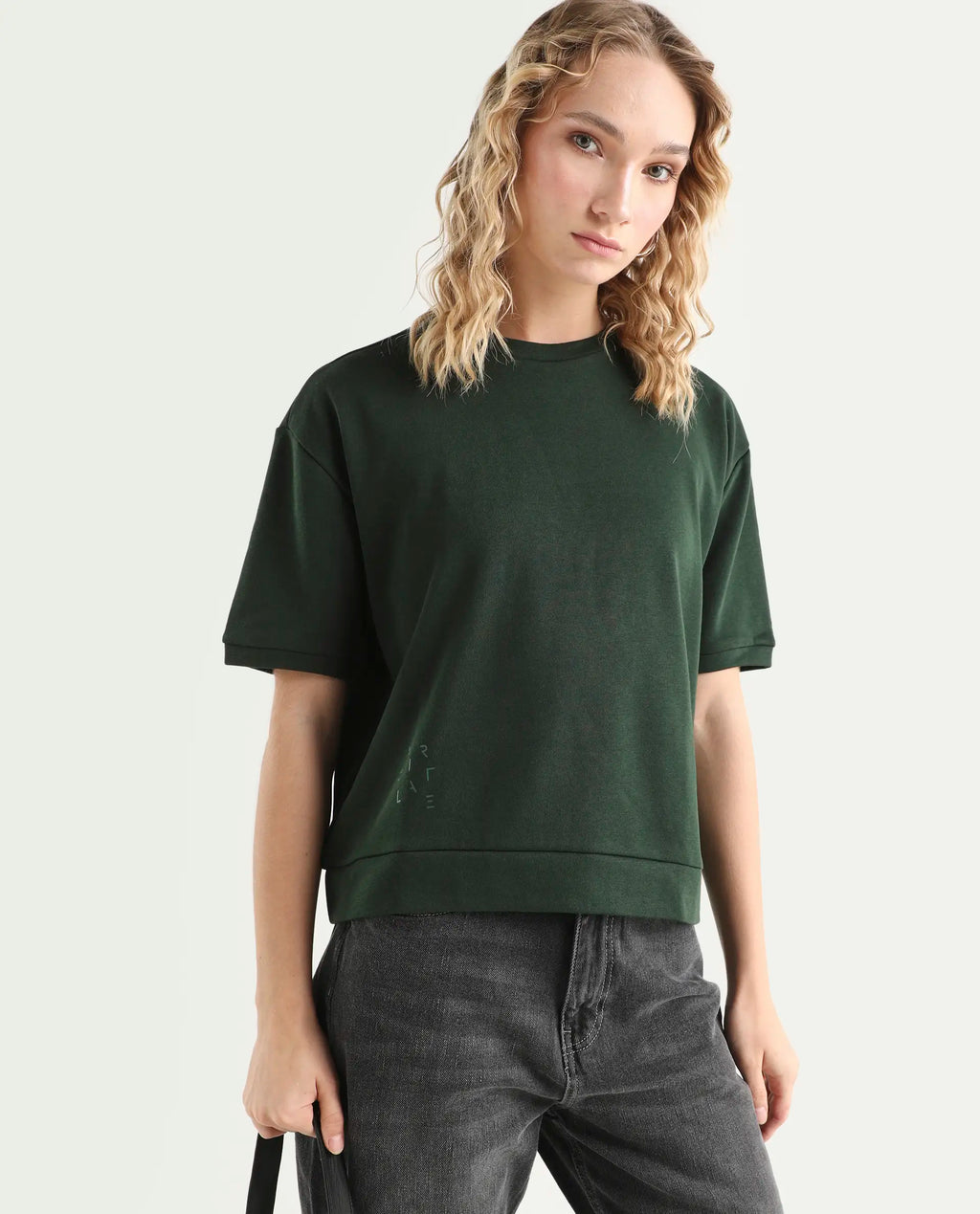 Rareism Women's Medium Weight Terry 290 Gsm Cotton Crew Neck Plain Relaxed Fit Sweat Tee