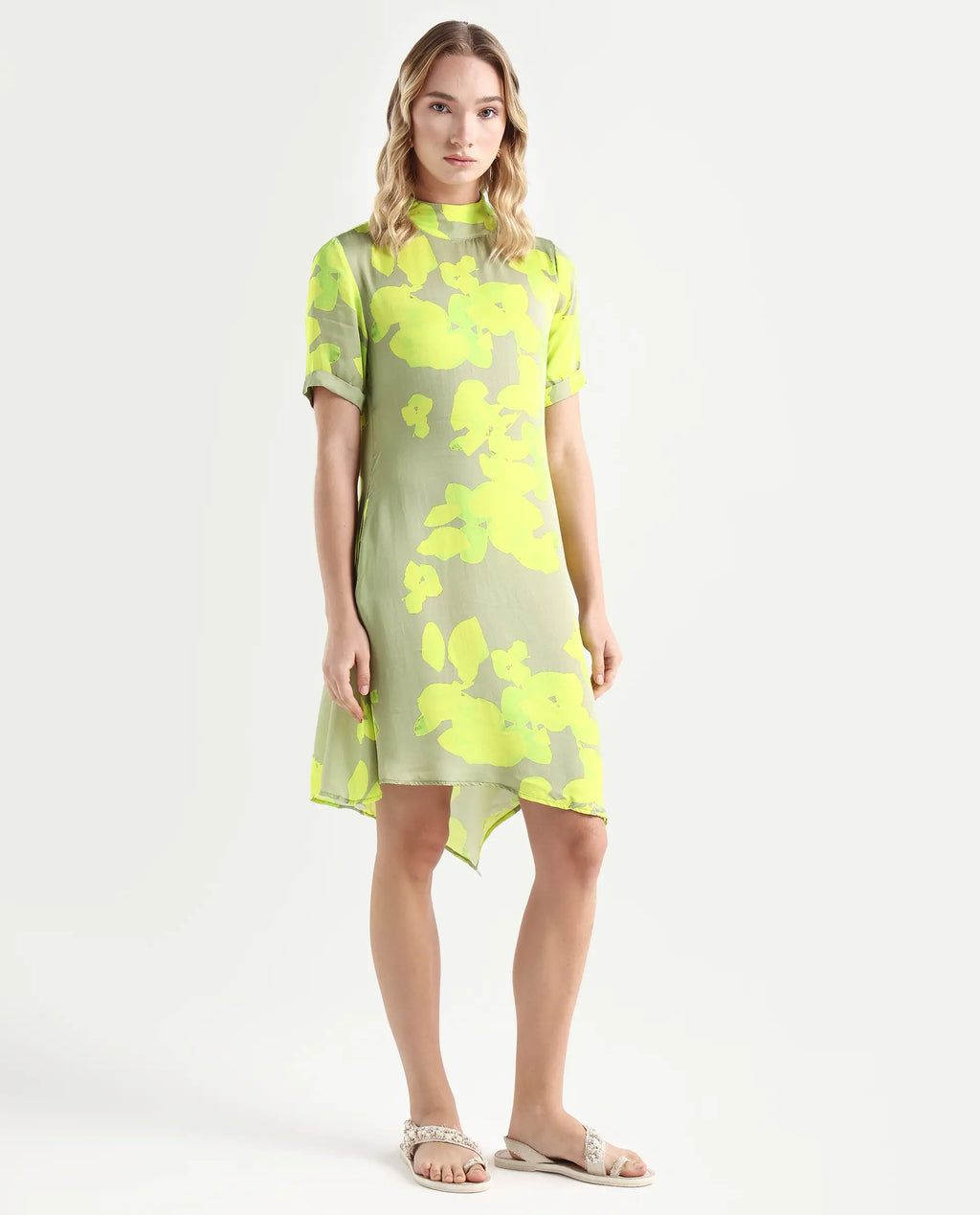 Rareism Women's Sprite Yellow Modal High Neck Abstract Print Knee Length Regular Fit Dress