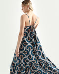 Rareism Women's Botany Blue Cotton V-Neck Abstract Print Shoulder Strap Maxi Relaxed Fit Dress