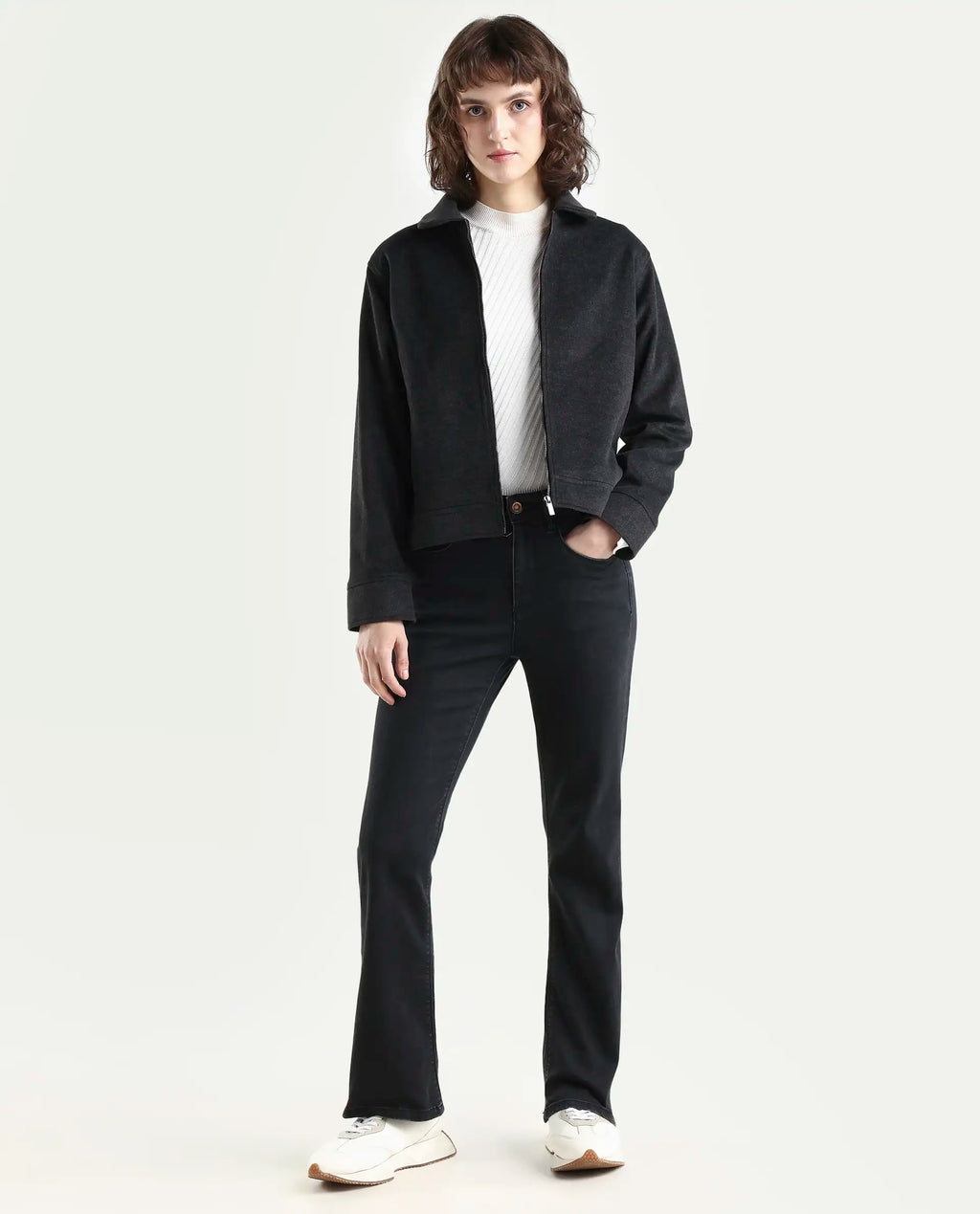 Rareism Women's Booter Black Cotton Blend Plain Ankle Length CLASSIC BOOTCUT Jeans