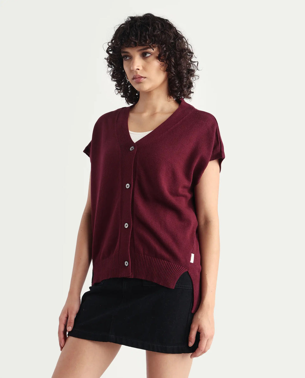 Rareism Women's Pave Maroon Cotton V-Neck Plain Extended Sleeves Regular Fit Sweater