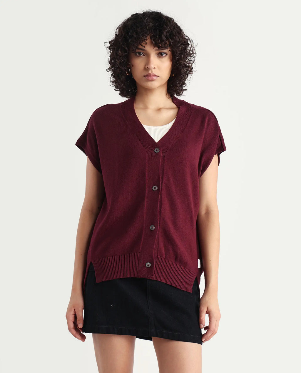 Rareism Women's Pave Maroon Cotton V-Neck Plain Extended Sleeves Regular Fit Sweater
