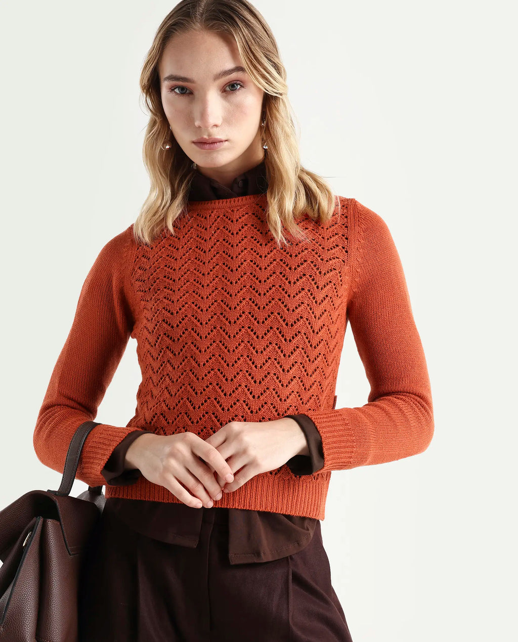 Rareism Women's Sami Orange Acrylic Crew Neck Plain Slim Fit Sweater
