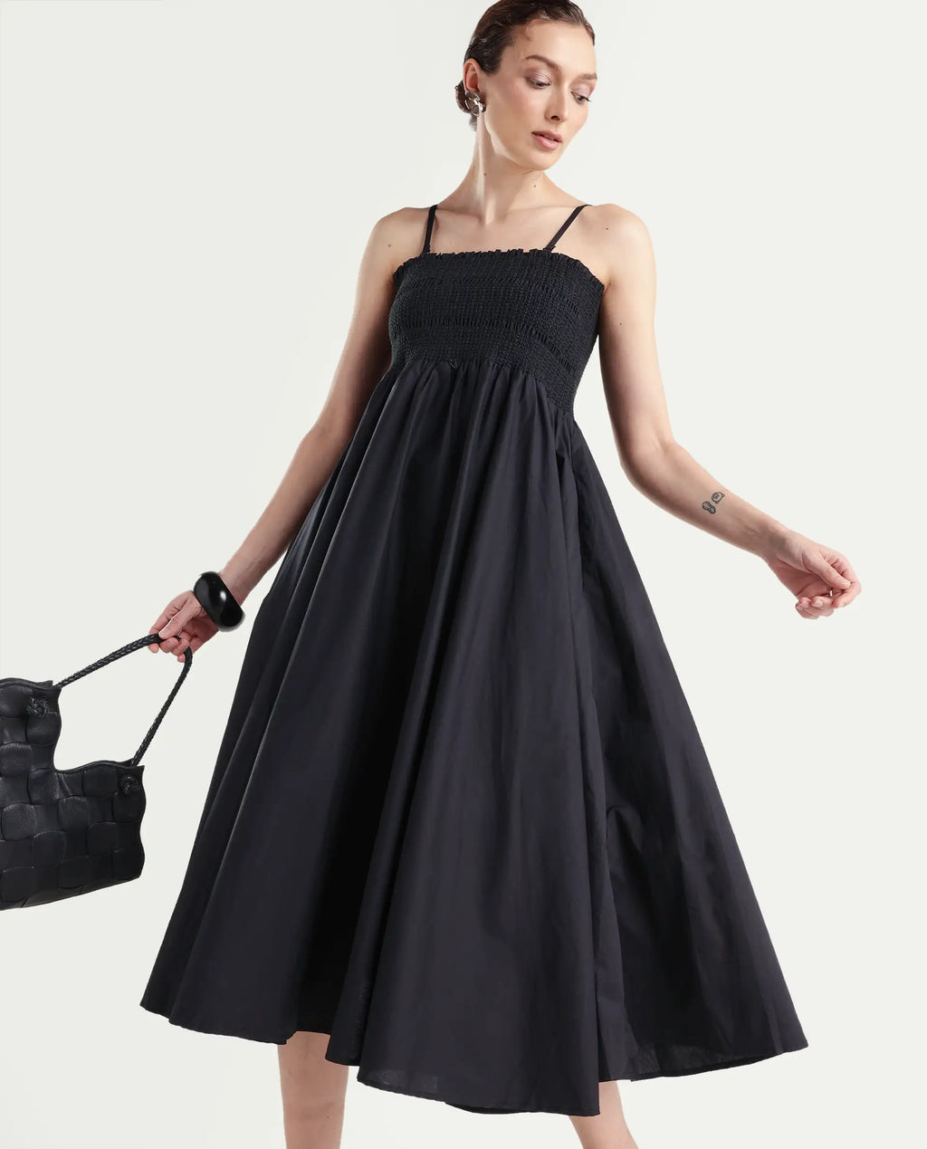 Rareism Women's Zozo Black Cotton Blend Tube Neck Plain Sleeveless Knee Length Regular Fit Dress