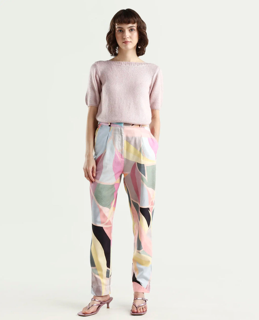 Rareism Women's Nickle Pink Cotton Abstract Print Ankle Length Tailored Trouser