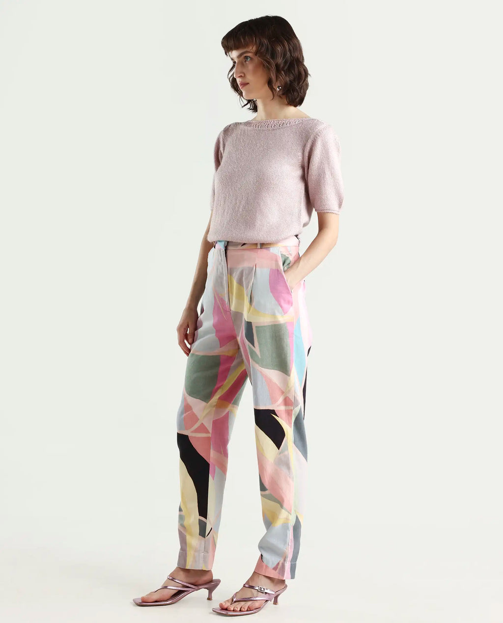 Rareism Women's Nickle Pink Cotton Abstract Print Ankle Length Tailored Trouser