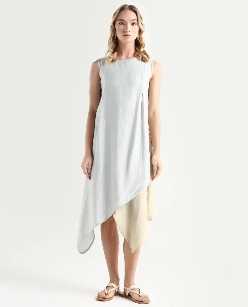 Rareism Women's Xavier Blue Boat Neck Plain Sleeveless Knee Length Regular Fit Dress